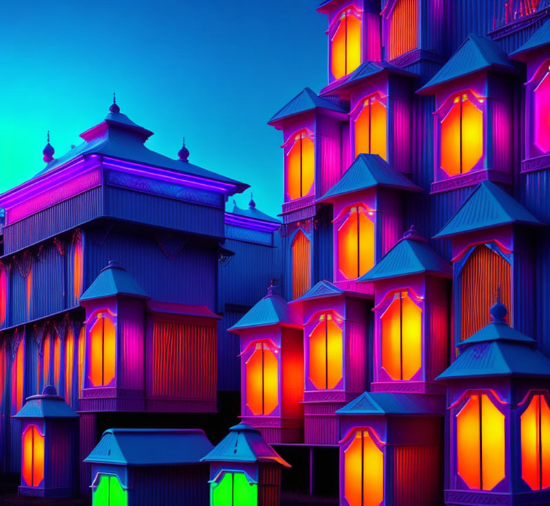 Twilight scene of neon-lit traditional buildings in vibrant pink, purple, and blue hues