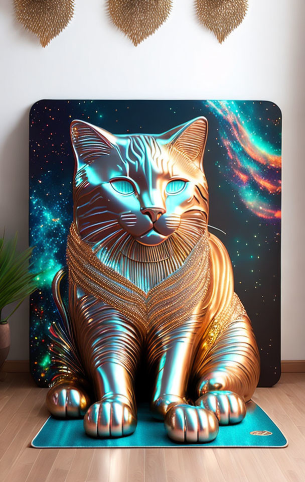 Metallic-textured cat in cosmic backdrop on blue mat with hanging plants