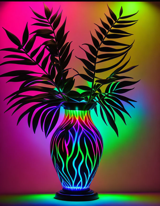 Colorful Backlit Vase with Neon Flame Pattern and Silhouetted Palm Fronds