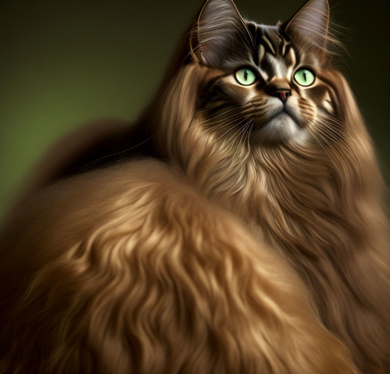 Long-Haired Cat with Green Eyes and Brown Coat on Green Background