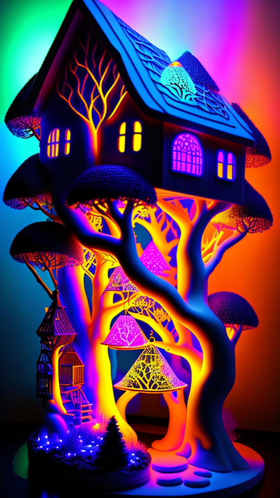 Colorful illuminated treehouse sculpture with intricate designs