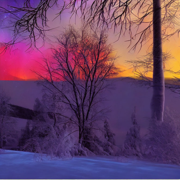 Snow-covered trees in vibrant purple and orange winter dusk.