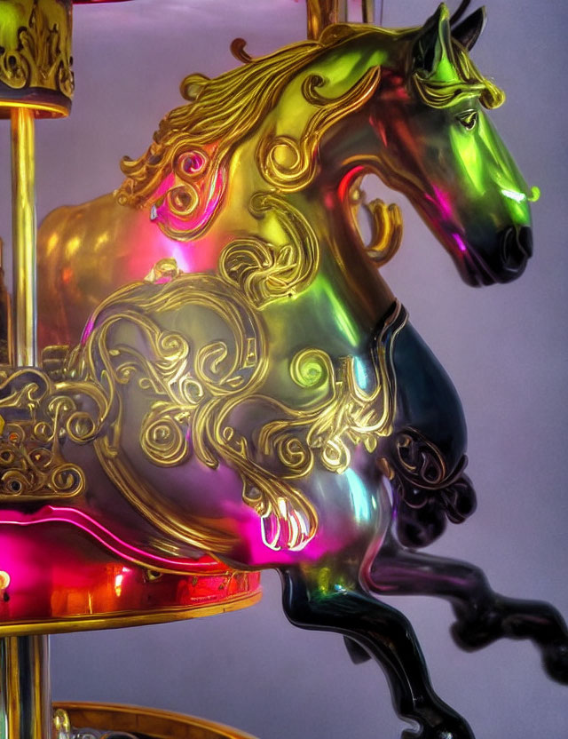 Vibrant neon-lit carousel horse on glossy surface with purple background