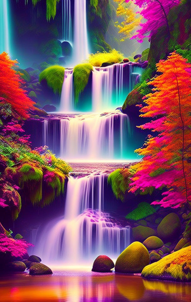 Scenic tiered waterfall surrounded by lush green and autumnal trees