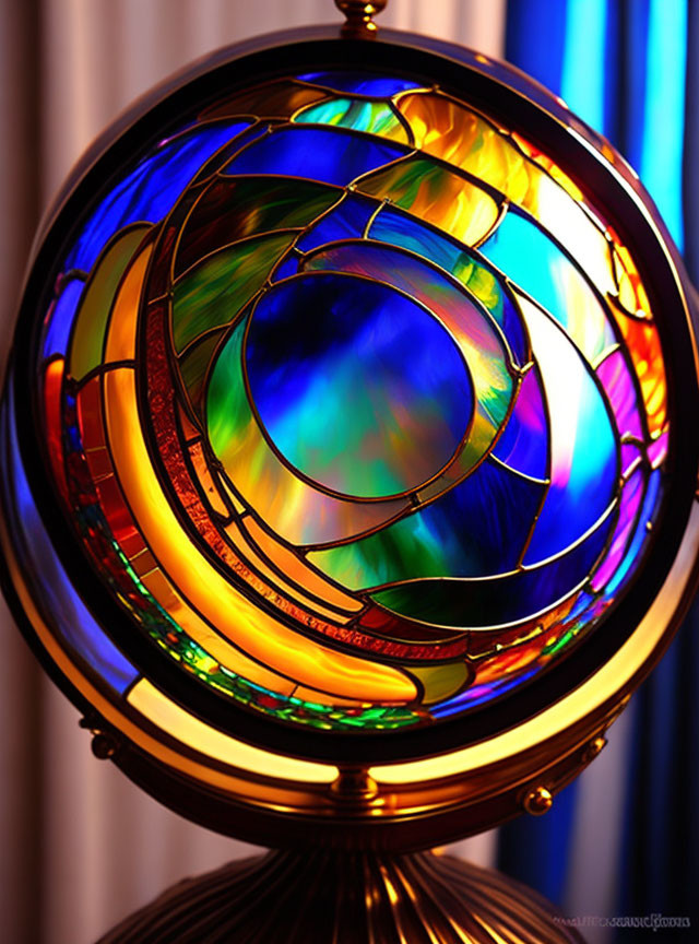 Colorful Stained Glass Sphere on Golden Stand with Spiraling Design