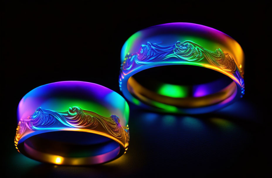 Iridescent rings with intricate designs on reflective surface