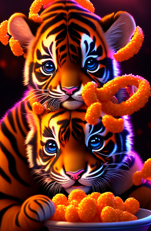 Vibrant animated tigers with glowing orange fur and neon lights holding a bowl of cheese puffs