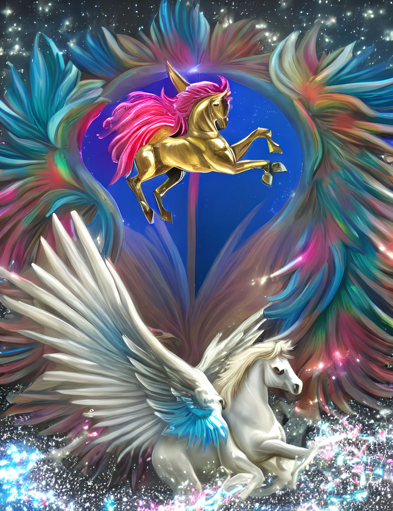 Colorful digital artwork: Golden Pegasus and white winged horse against cosmic background