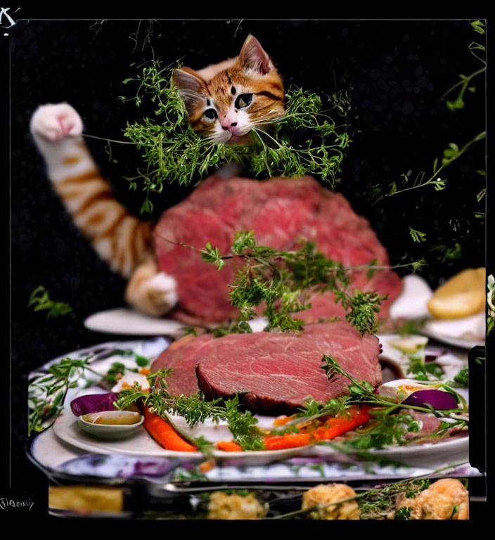 Orange Tabby Cat with Fresh Herbs and Roast Beef Platter