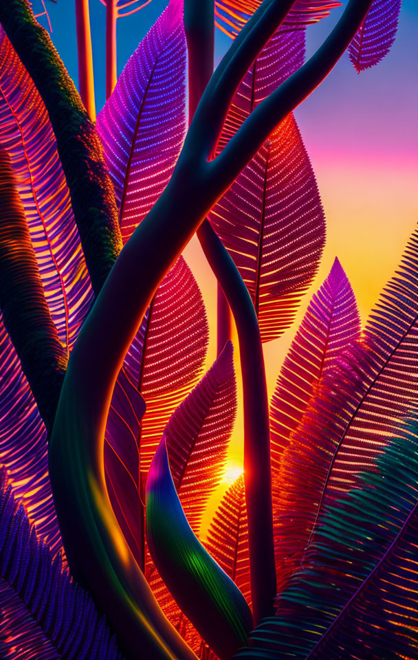 Colorful neon-lit tropical foliage against gradient sunset sky