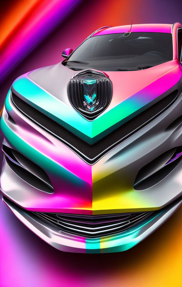 Colorful Rainbow Car with Sleek Design and Emblem on Hood