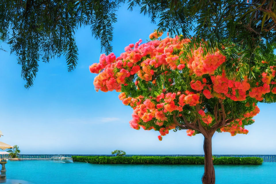 Pink bougainvillea tree by tranquil pool overlooking blue sea and clear sky.