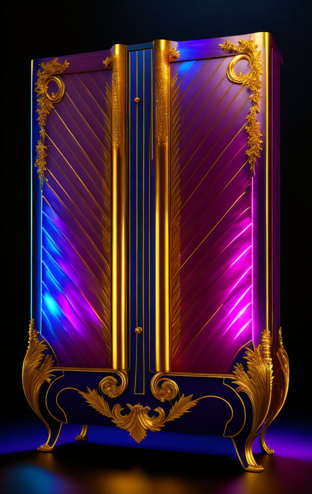 Golden wardrobe with blue and purple lighting and ornate classical design