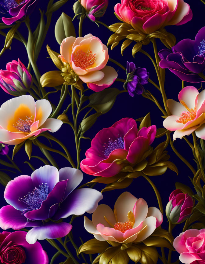 Colorful Flower Arrangement on Dark Blue Background