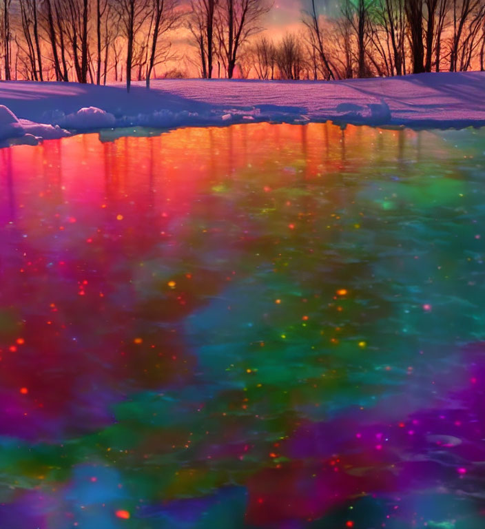 Vibrant snow-covered landscape with rainbow-like reflection