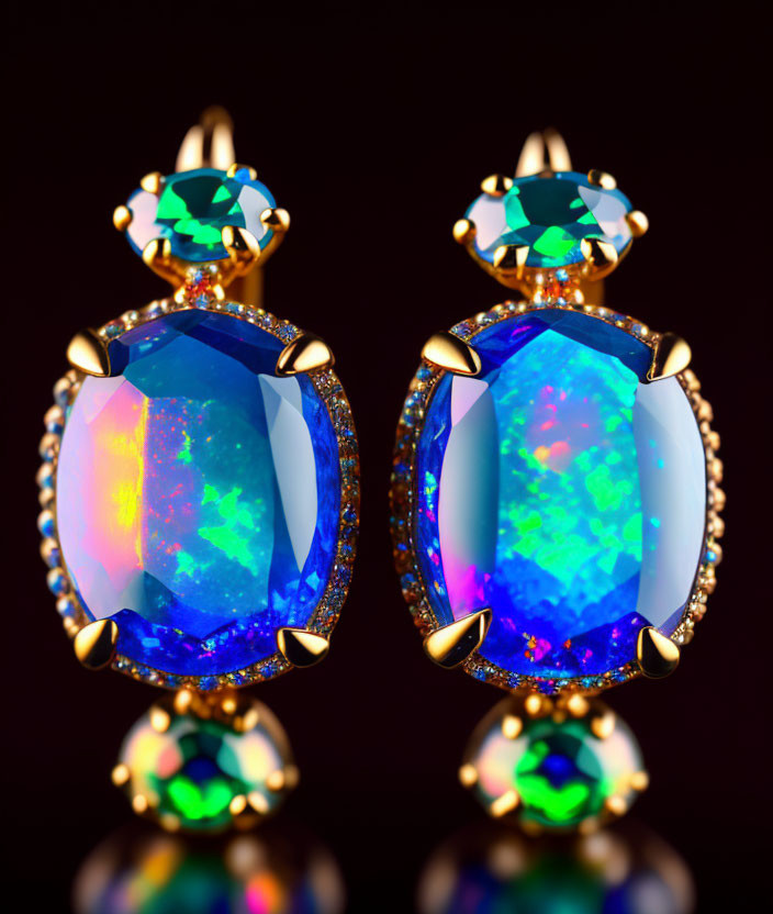 Opal Earrings with Diamond Halo in Gold: Play-of-Color Effect