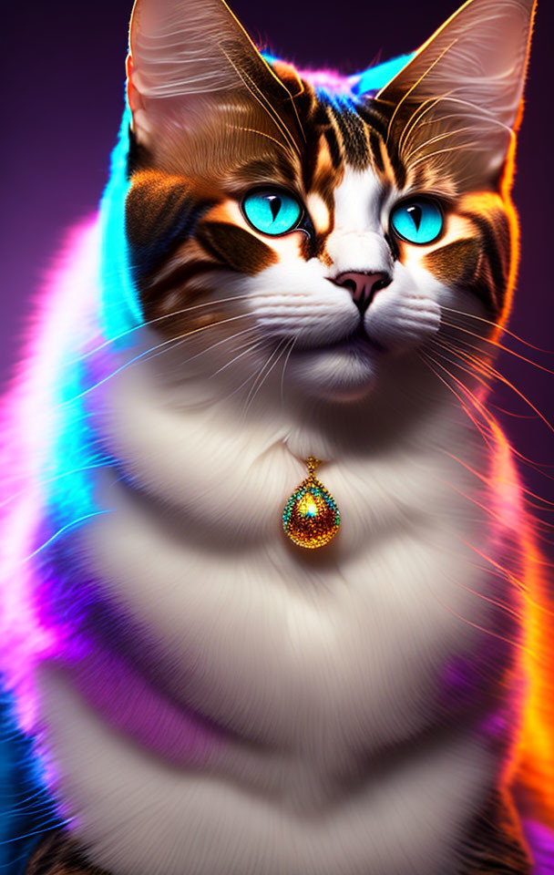 Majestic cat with blue eyes and tabby markings on purple background