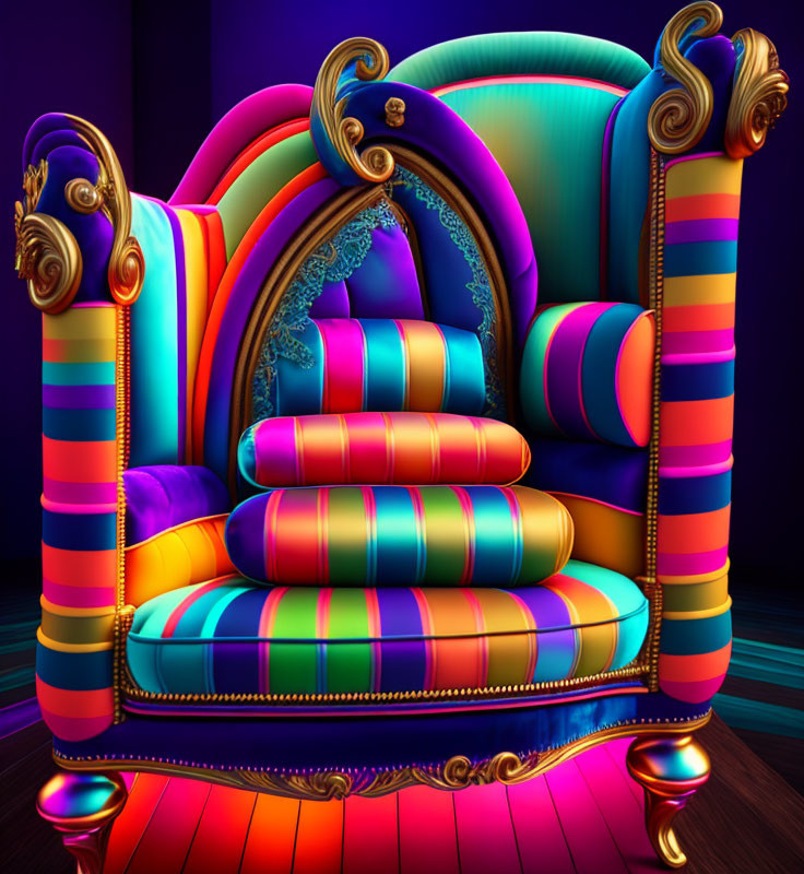 Multicolored Striped Armchair with High Backrest and Golden Accents