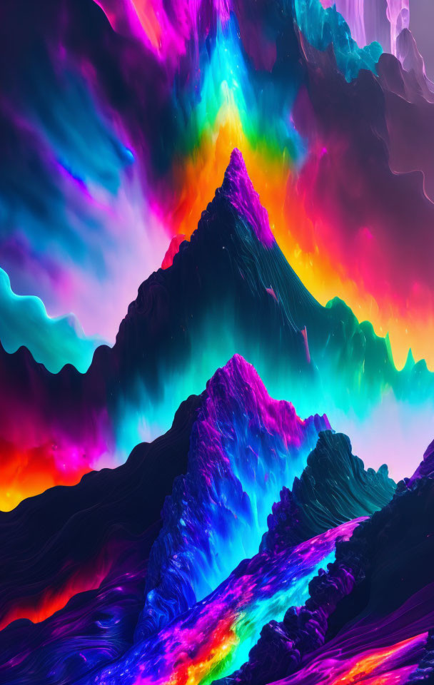 Surreal neon-colored mountains under swirling sky