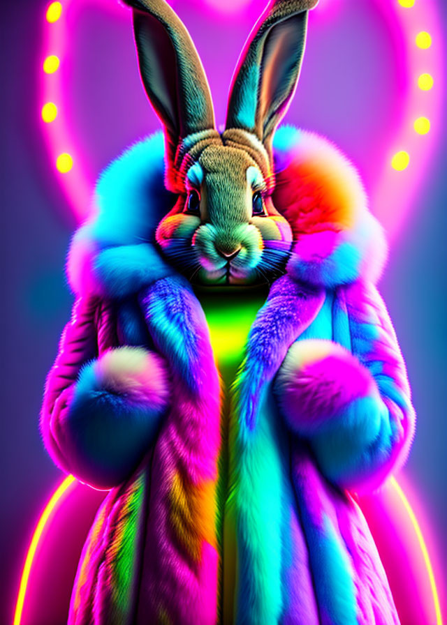 Stylized rabbit in colorful fur coat against neon background