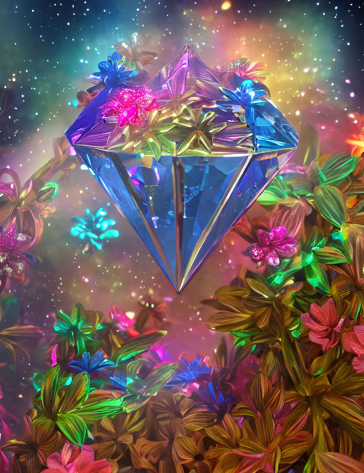 Colorful blue crystal with flowers on starry backdrop