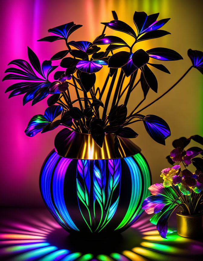 Colorful Shadows and Patterns from Neon-Lit Vase