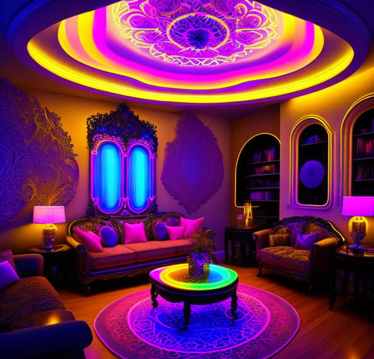 Colorful neon glowing decor and plush furniture in a room with intricate ceiling patterns under ultraviolet lighting.