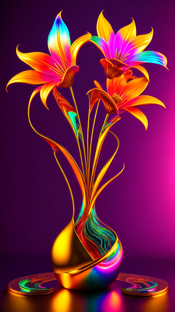 Digitally manipulated image: Vibrant flower vase with iridescent petals on purple background