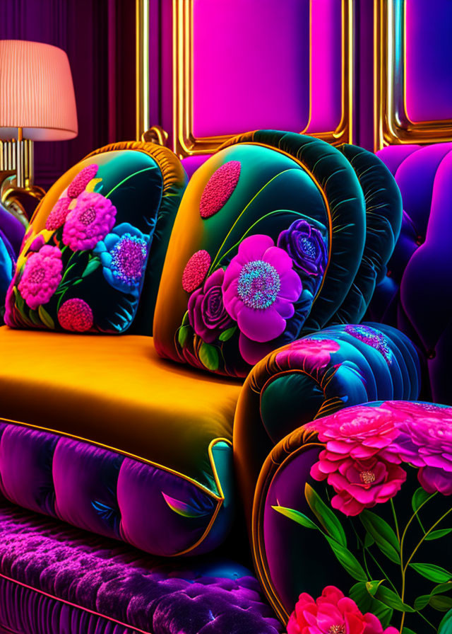 Colorful interior scene featuring plush floral-patterned sofa in neon-lit contemporary setting