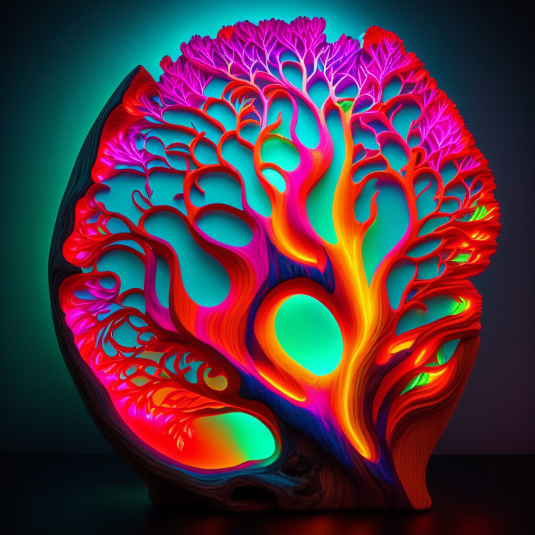 Colorful illuminated sculpture of tree cross-section with coral-like patterns on blue-green gradient.