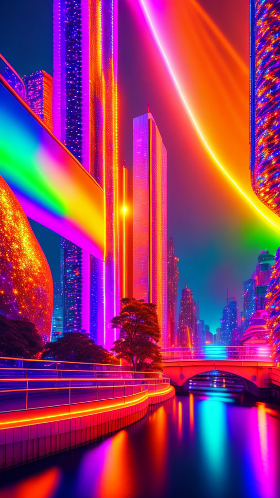 Colorful Neon-lit Cityscape with Skyscrapers and Bridge at Night