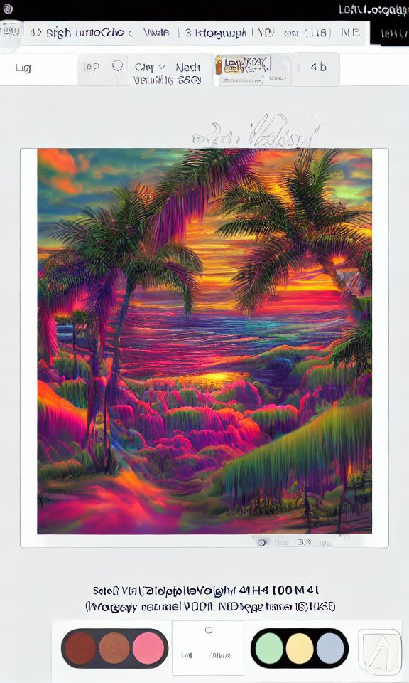 Tropical sunset artwork with palm trees and color palette on digital screen