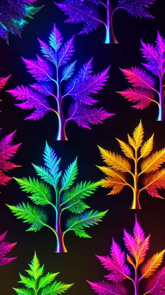 Vibrant neon digital art: stylized trees with gradient leaves on black background