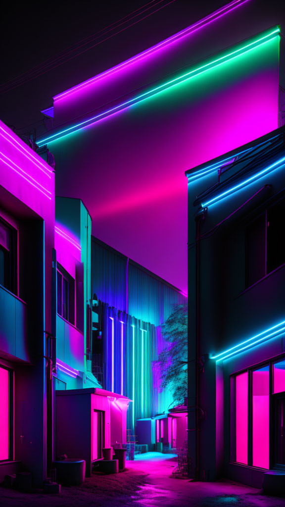 Colorful neon-lit alley at night with futuristic vibe