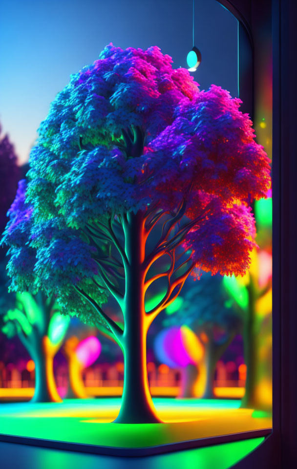 Vibrant digital artwork: neon tree with purple and green leaves against dusk backdrop