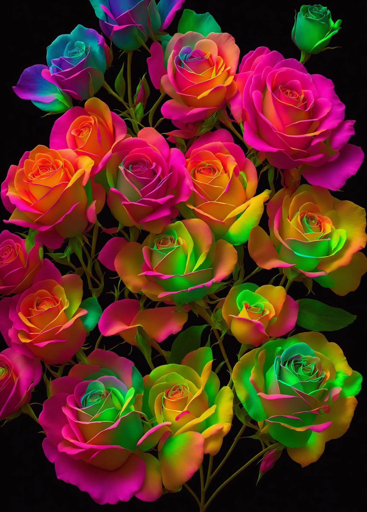 Multicolored neon rose bouquet on dark background