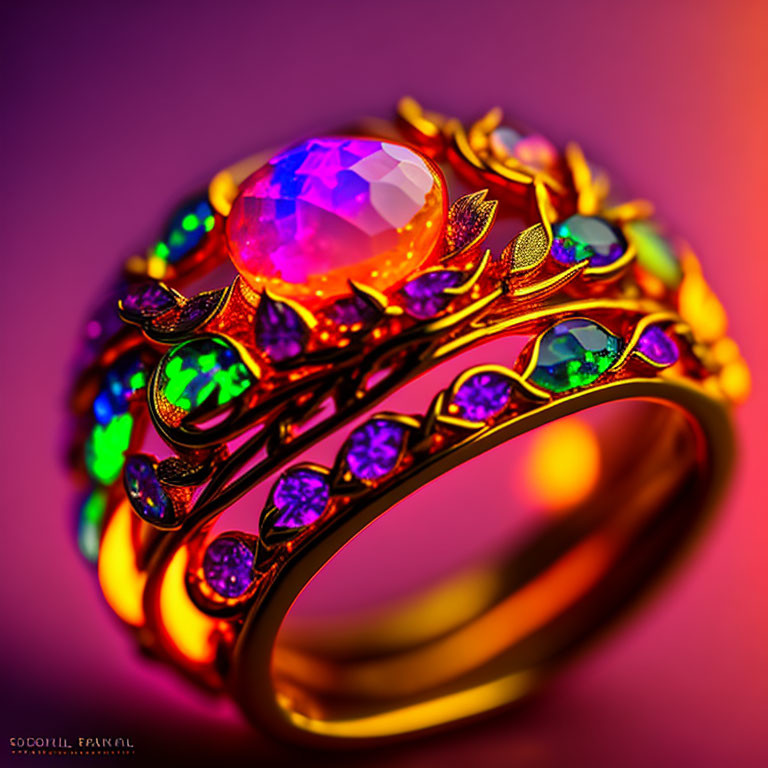 Golden ring with leaf motifs and multicolored gemstones on warm background