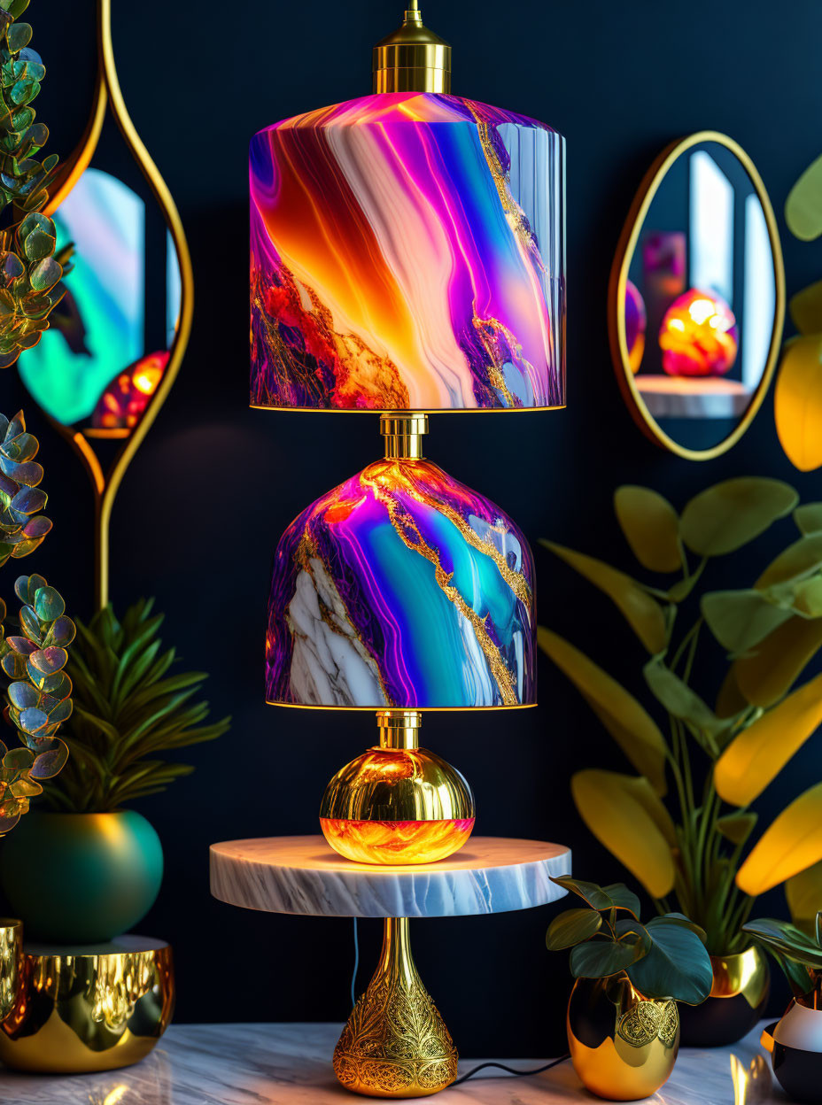 Colorful iridescent table lamp on white stand with swirling pattern, green plants, and gold accents
