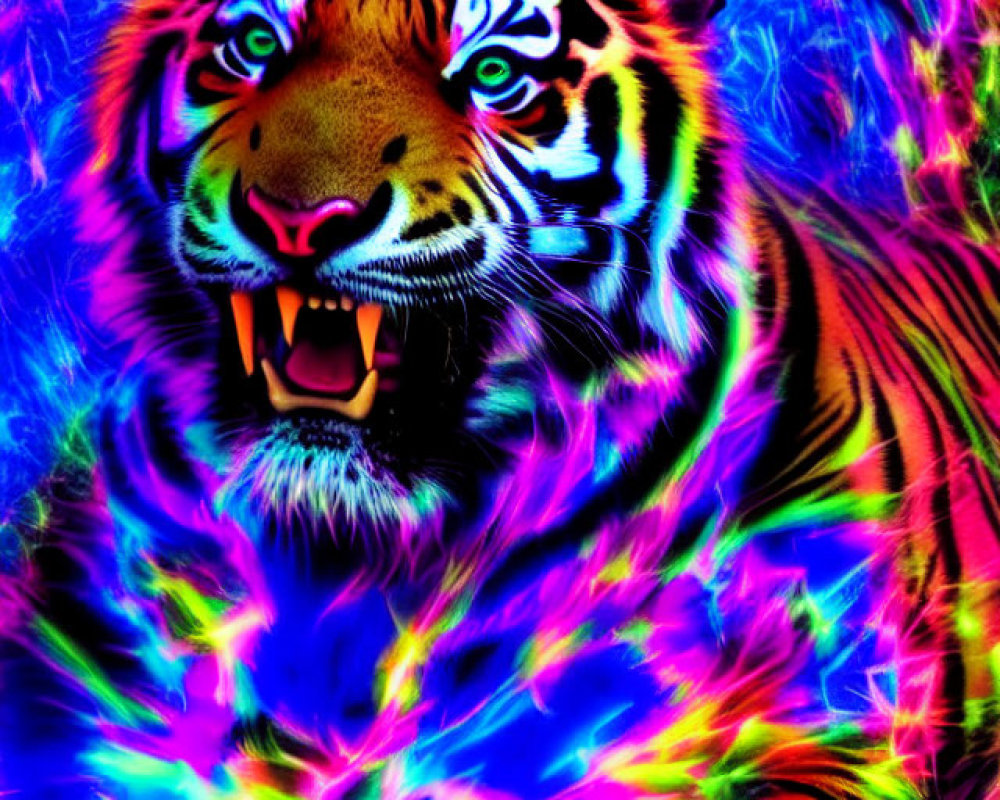 Colorful psychedelic tiger art with neon glow effect