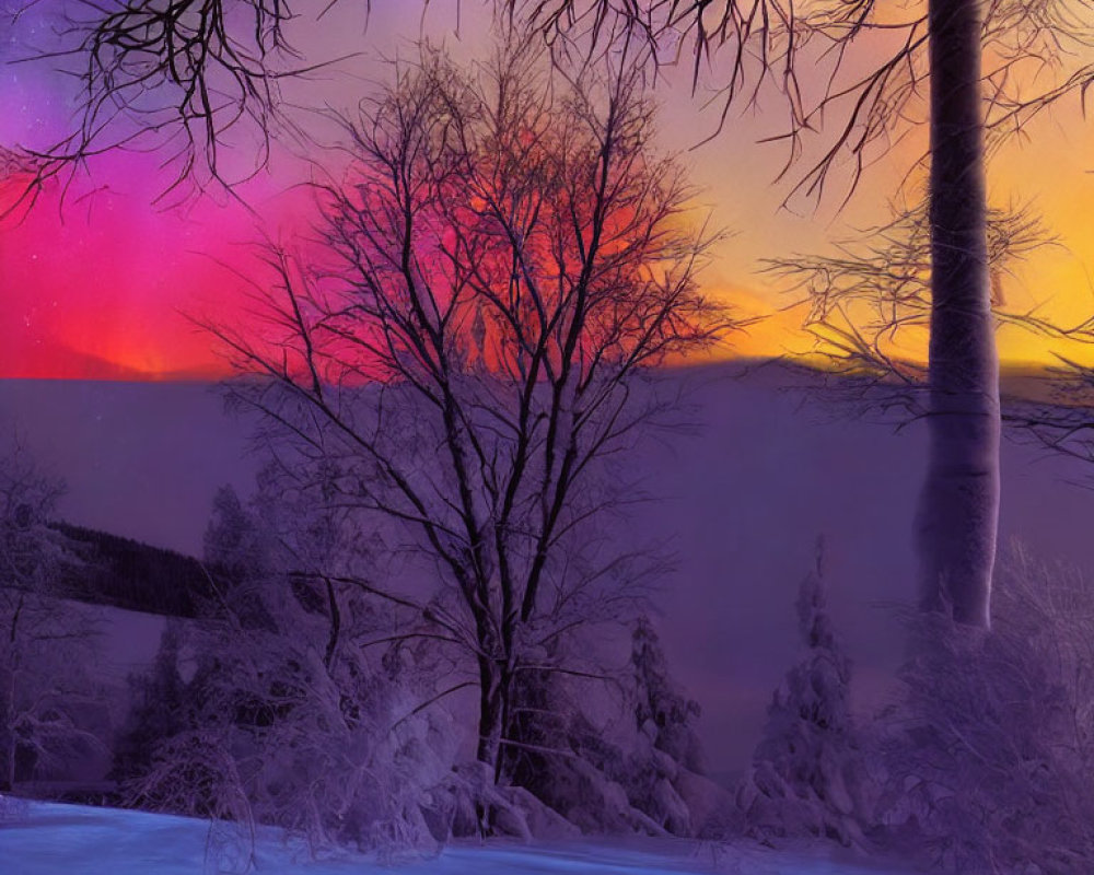 Snow-covered trees in vibrant purple and orange winter dusk.