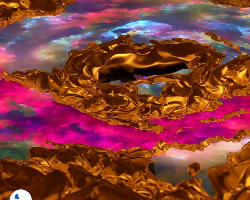 Vibrant surreal landscape with metallic golden formations