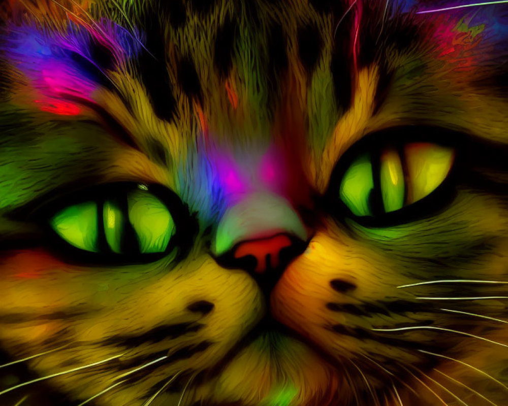 Colorful Psychedelic Cat Face Artwork with Green Eyes