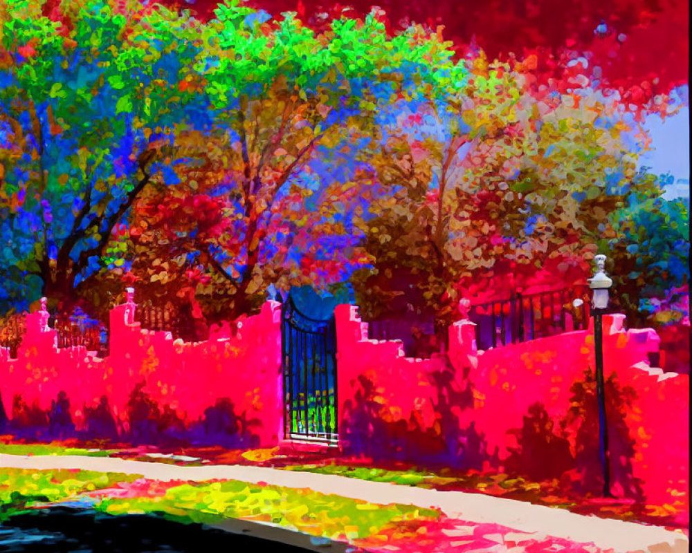 Colorful Digital Painting of Red Wall, Green Gate, Trees, and Shadows