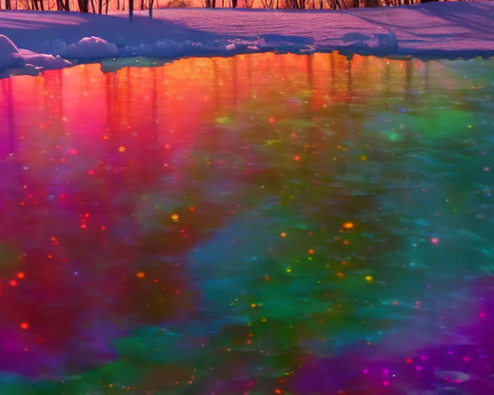 Vibrant snow-covered landscape with rainbow-like reflection