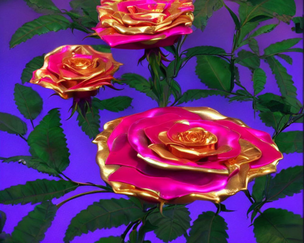 Metallic golden roses with pink highlights on purple background and green leaves