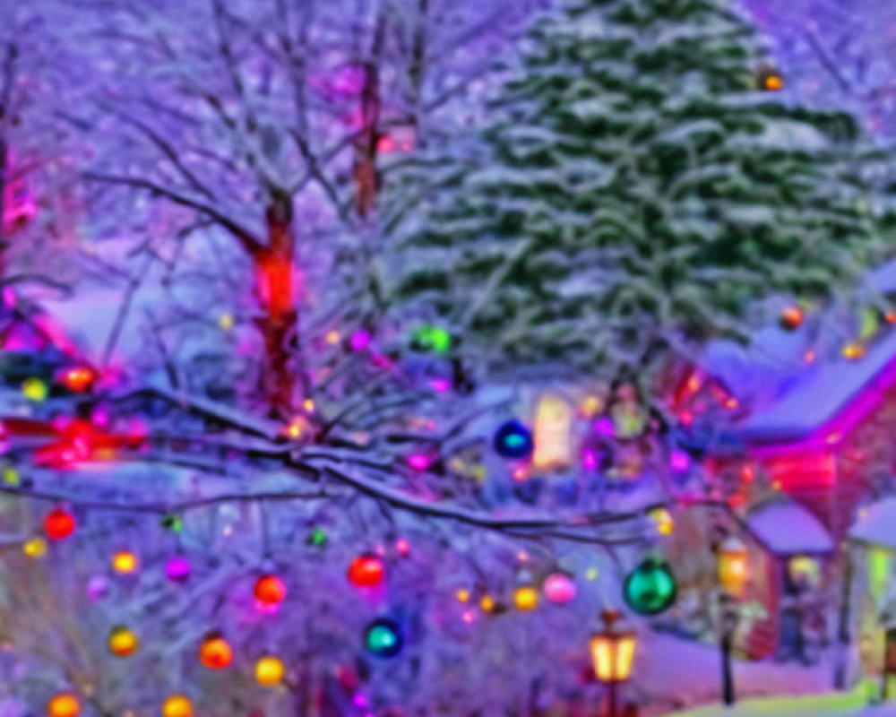 Snowy Scene with Colorful Holiday Lights in Blurry Image