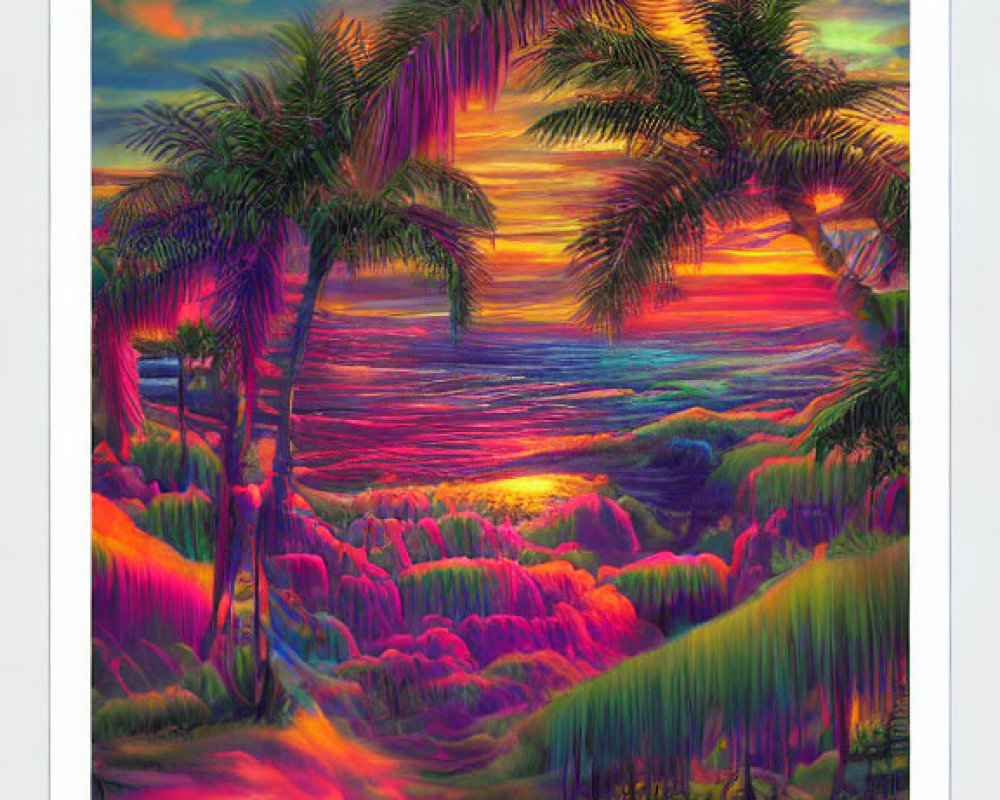 Tropical sunset artwork with palm trees and color palette on digital screen