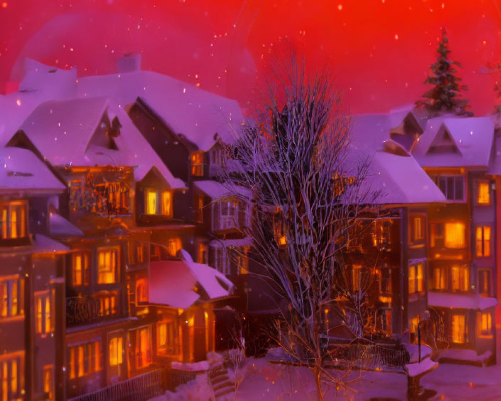 Twilight snow-covered town with lit houses and red sky