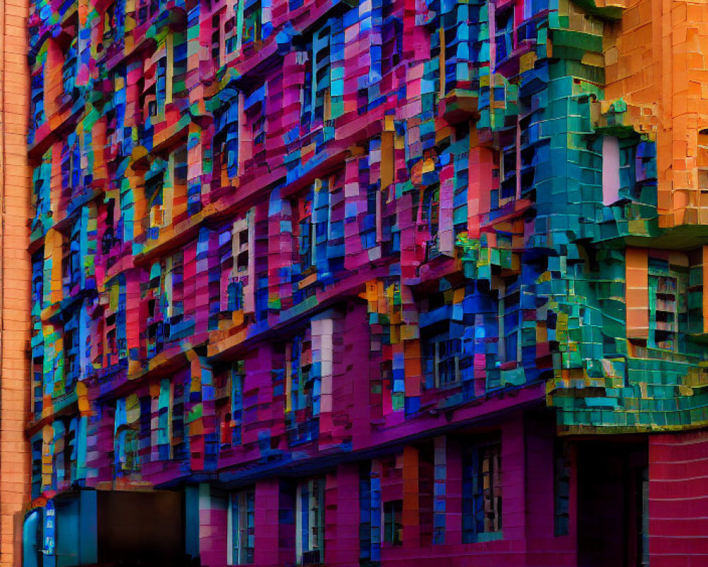 Multicolored high-rise building facade with blue, pink, and orange hues.