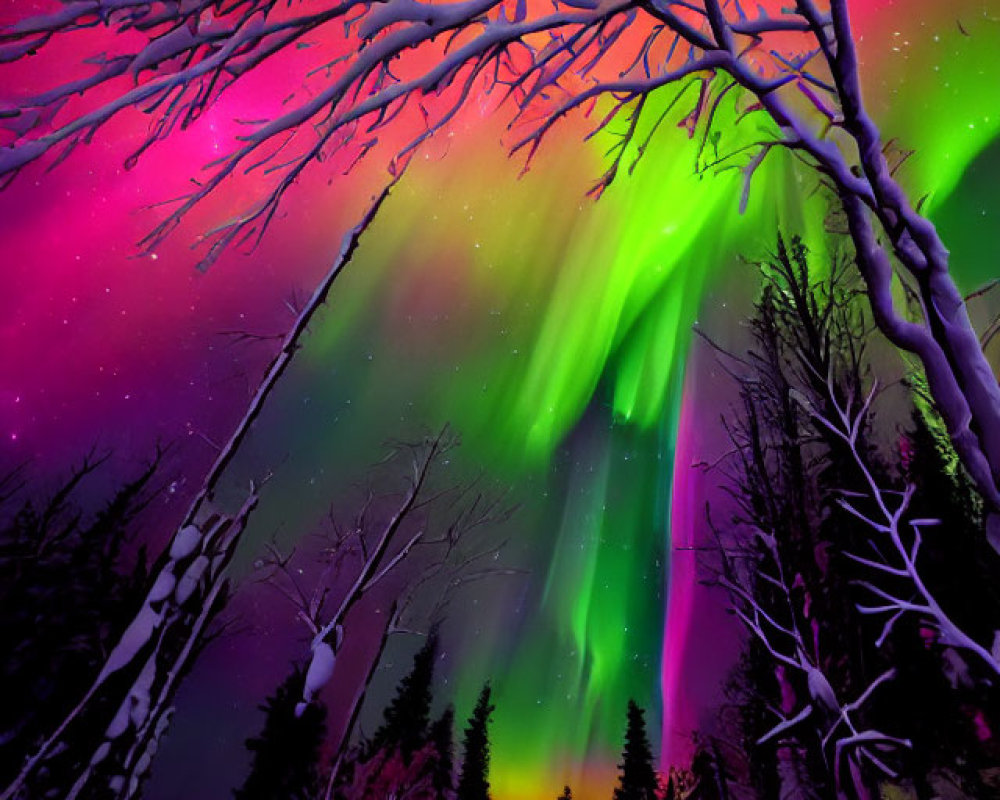 Colorful Aurora Borealis Over Snowy Forest at Night